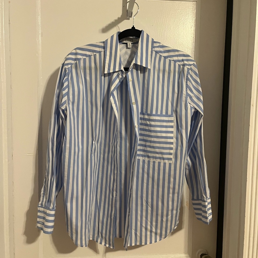 AYR Women's Sky and White Striped Deep End Shirt Medium